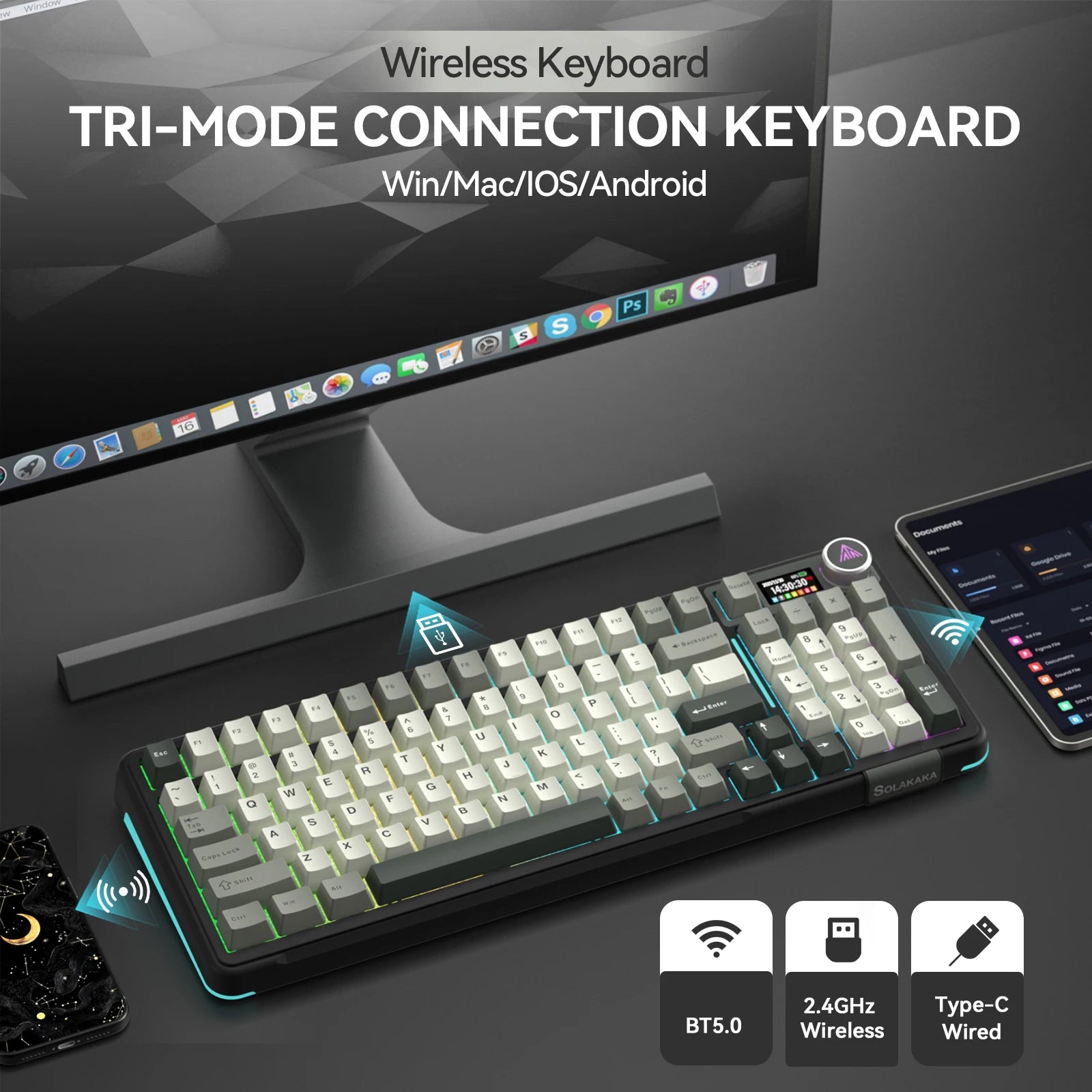 SOLAKAKA A99 Pro Mechanical Keyboard with LCD Screen Metal Knob Wireless Gaming Keyboard Hot Swappable Creamy Keyboard