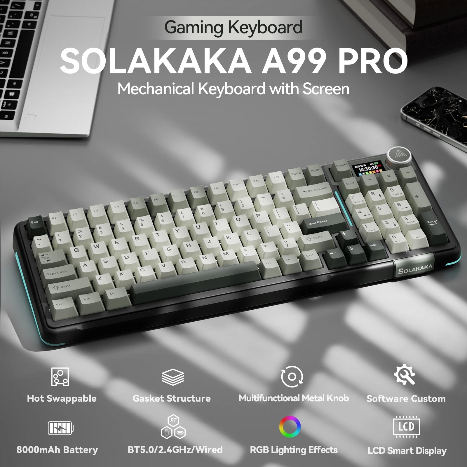 SOLAKAKA A99 Pro Mechanical Keyboard with LCD Screen Metal Knob Wireless Gaming Keyboard Hot Swappable Creamy Keyboard