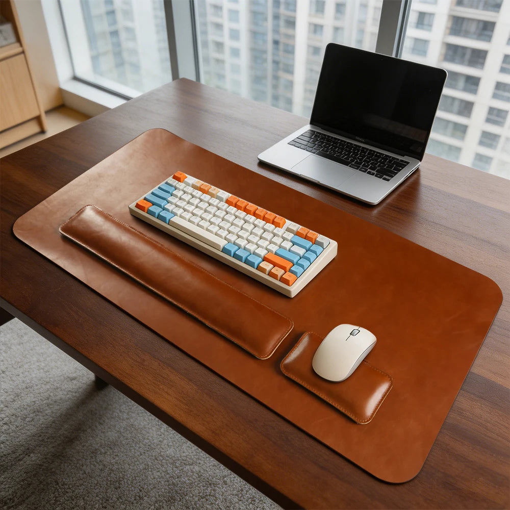 Handmade Top Grain Cowhide Genuine Leather Laptop Desk Mat Computer Retro Premium Luxury Oil Wax Leather Keyboard and Mouse Pads