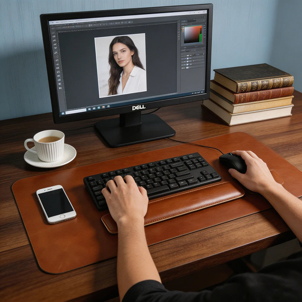 Handmade Top Grain Cowhide Genuine Leather Laptop Desk Mat Computer Retro Premium Luxury Oil Wax Leather Keyboard and Mouse Pads