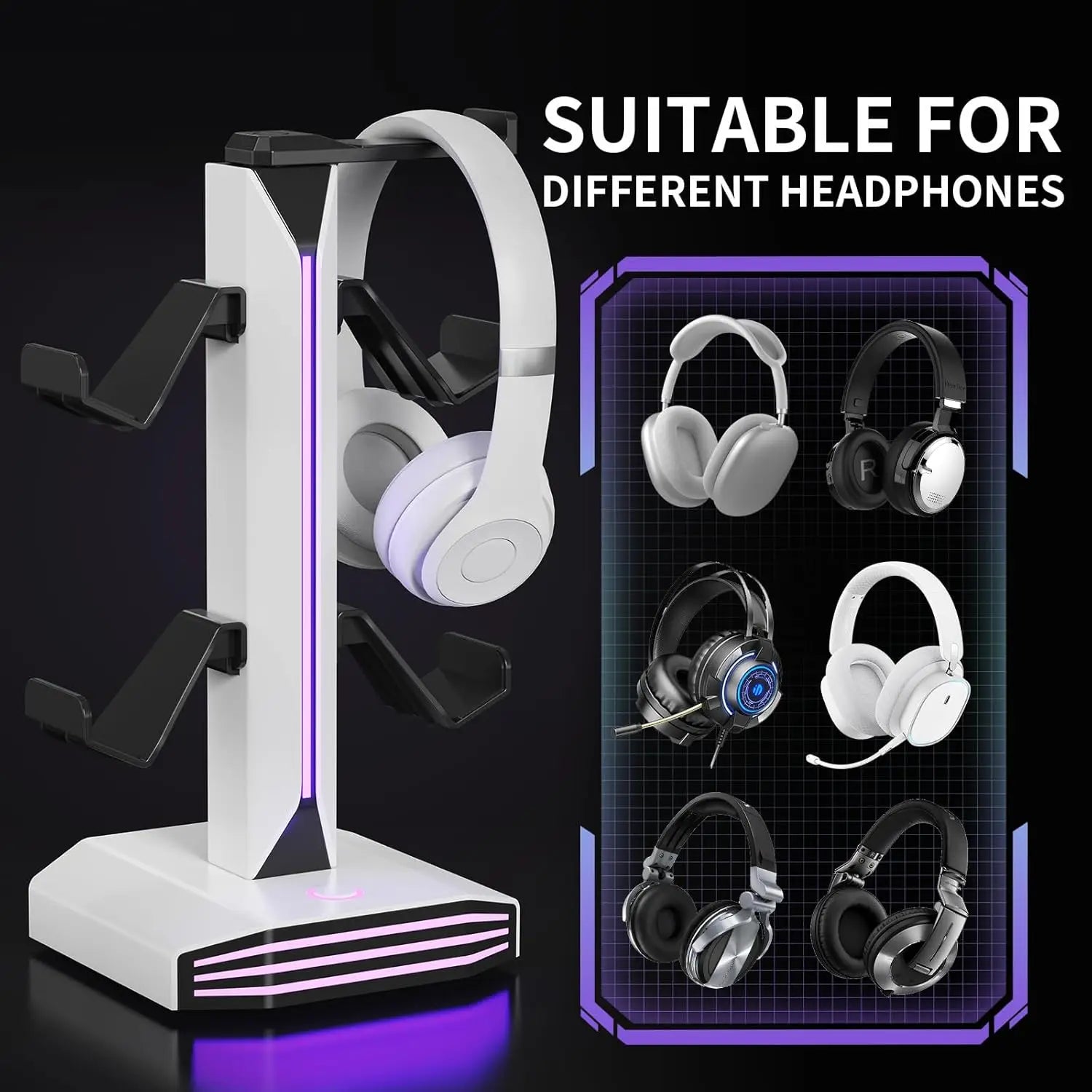 RGB Game Controller Holder Rack with 7 Light Modes, Headphone Stand 2 USB Charging and 1 Type-C for PS5/PS4/Xbox/Switch Pro