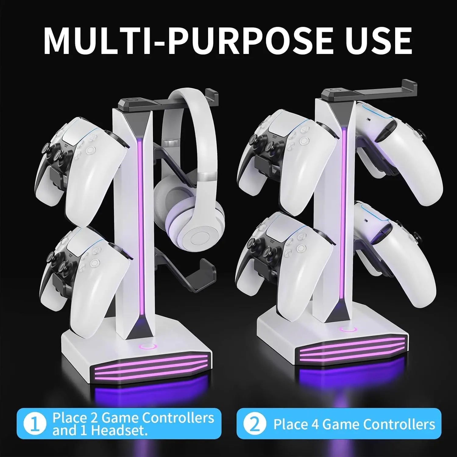 RGB Game Controller Holder Rack with 7 Light Modes, Headphone Stand 2 USB Charging and 1 Type-C for PS5/PS4/Xbox/Switch Pro