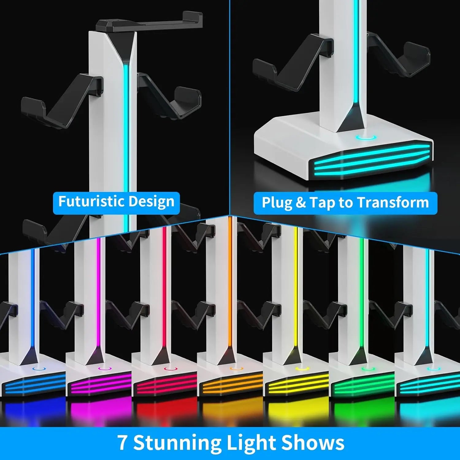 RGB Game Controller Holder Rack with 7 Light Modes, Headphone Stand 2 USB Charging and 1 Type-C for PS5/PS4/Xbox/Switch Pro